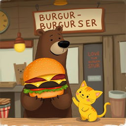In a charming hamburger shop, a smiling brown bear holds out a delicious and juicy hamburger to an adorable little yellow kitten