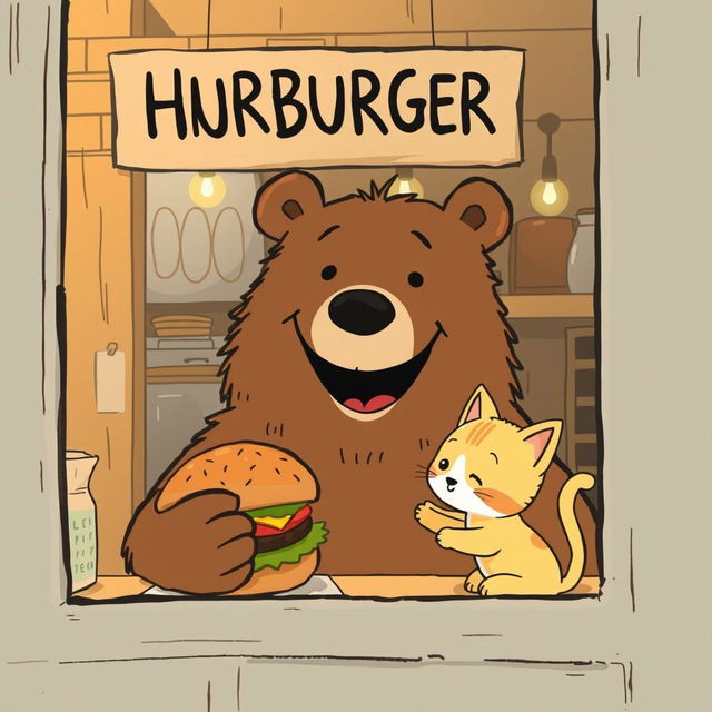 Inside a cozy hamburger shop, a cheerful brown bear is smiling widely as it offers a mouthwatering hamburger to a cute little yellow kitten