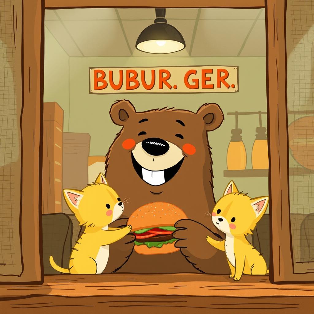 Inside a cozy hamburger shop, a cheerful brown bear is smiling widely as it offers a mouthwatering hamburger to a cute little yellow kitten