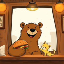 Inside a cozy hamburger shop, a cheerful brown bear is smiling widely as it offers a mouthwatering hamburger to a cute little yellow kitten
