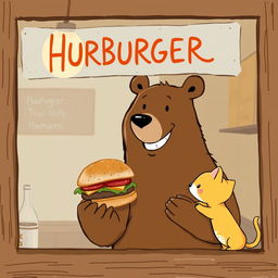 Inside a cozy hamburger shop, a cheerful brown bear is smiling widely as it offers a mouthwatering hamburger to a cute little yellow kitten