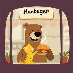 Inside a delightful hamburger shop, a cheerful brown bear, with a big smile, is offering a delicious, steaming hamburger to a charming little yellow kitten