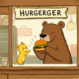 Inside a delightful hamburger shop, a cheerful brown bear, with a big smile, is offering a delicious, steaming hamburger to a charming little yellow kitten
