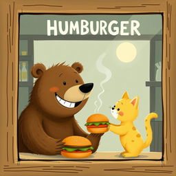 Inside a delightful hamburger shop, a cheerful brown bear, with a big smile, is offering a delicious, steaming hamburger to a charming little yellow kitten
