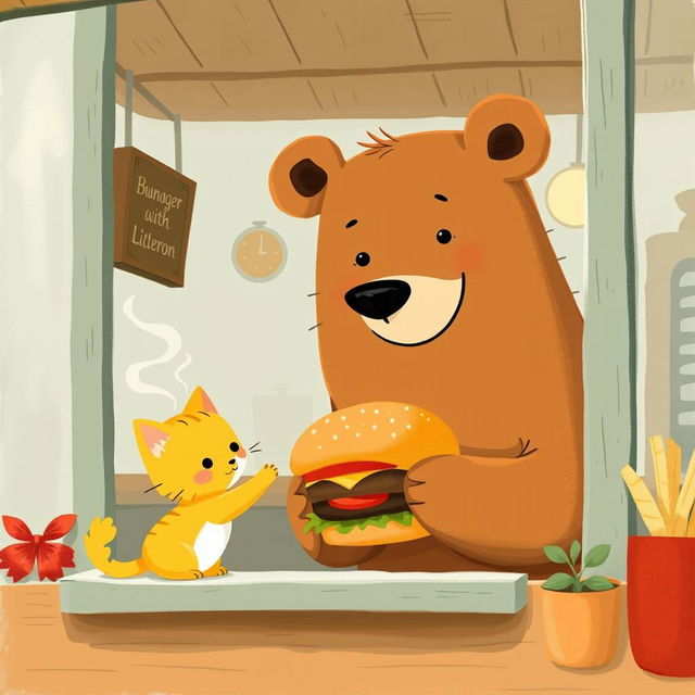 Inside a delightful hamburger shop, a cheerful brown bear, with a big smile, is offering a delicious, steaming hamburger to a charming little yellow kitten