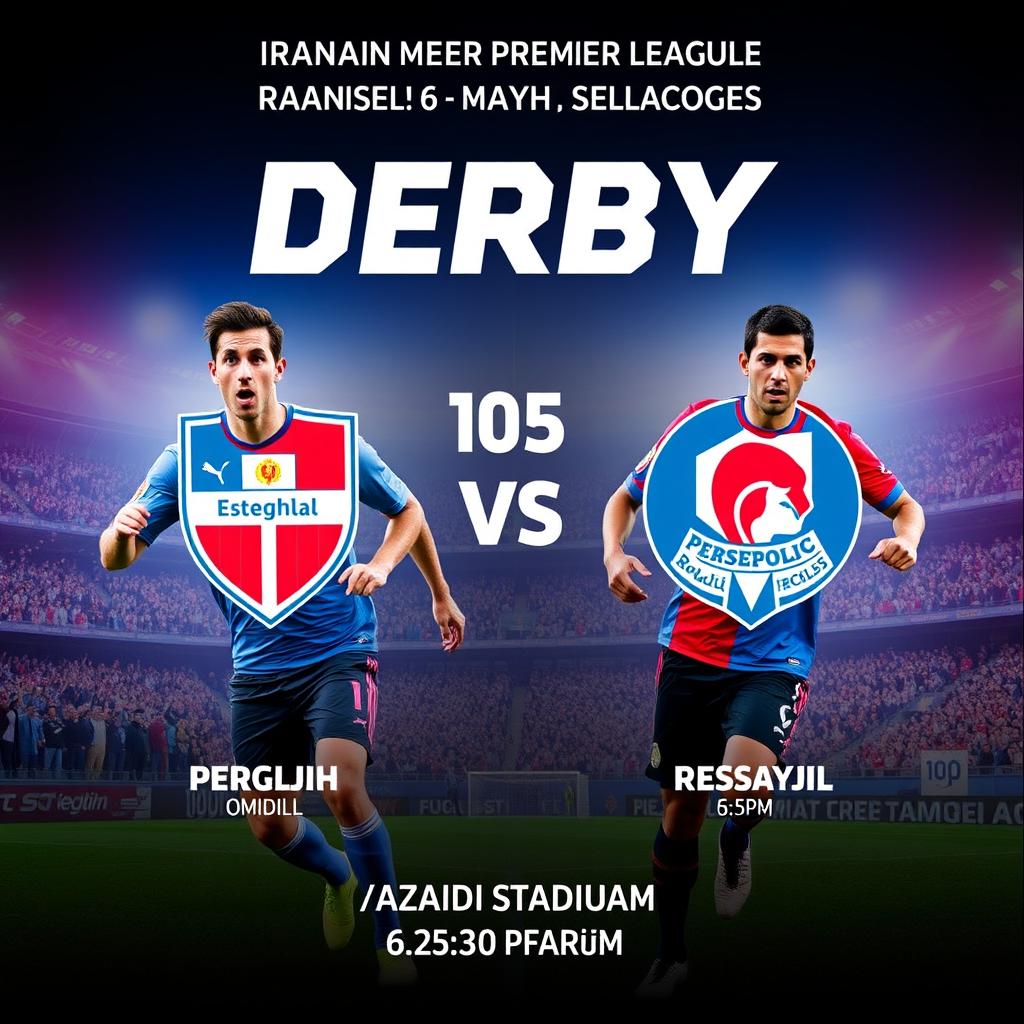 A vibrant poster for the 105th Derby match of the Iranian Premier League between Esteghlal and Persepolis, showcasing the teams' logos prominently