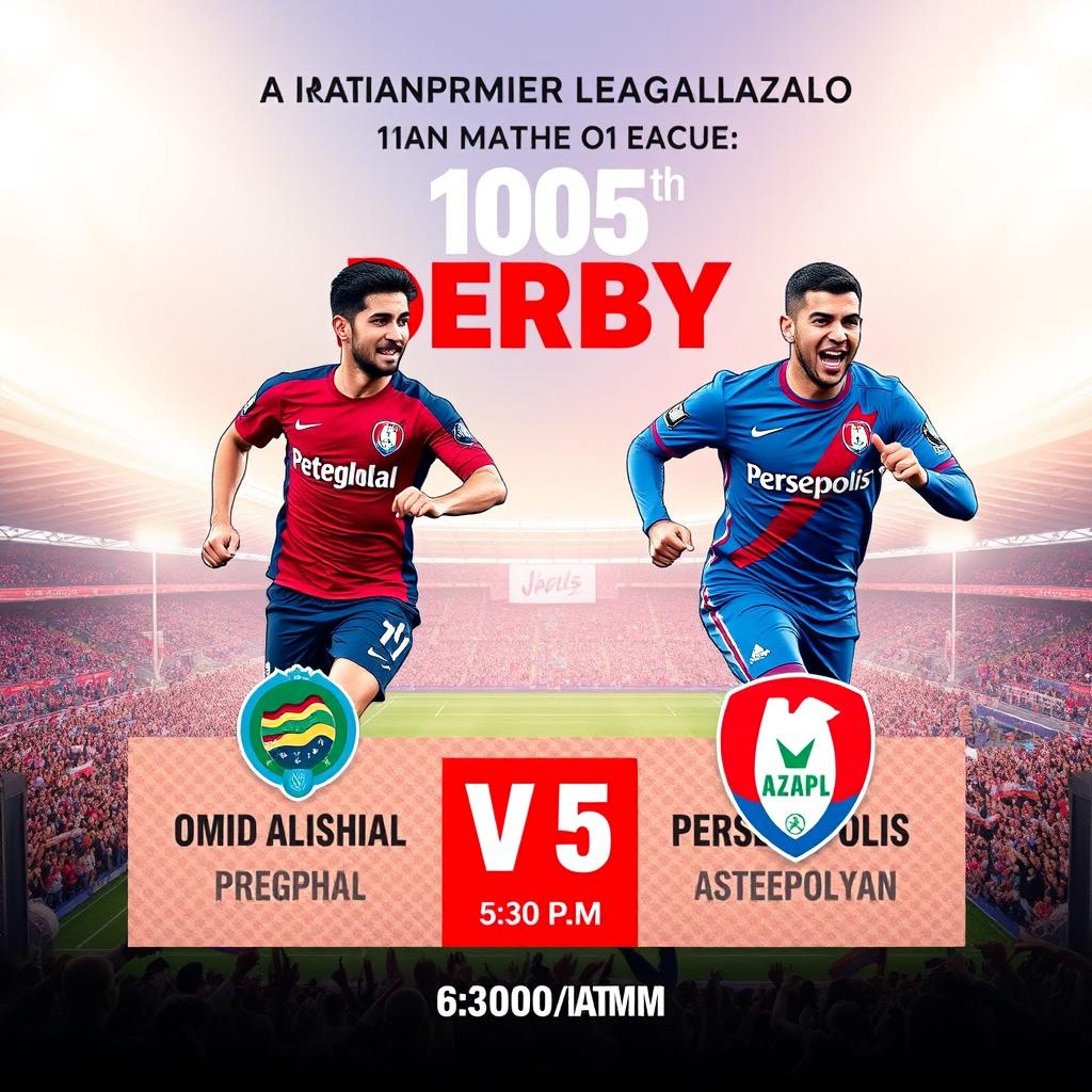 A striking poster for the 105th Derby match of the Iranian Premier League between Esteghlal and Persepolis, with the teams' logos prominently displayed