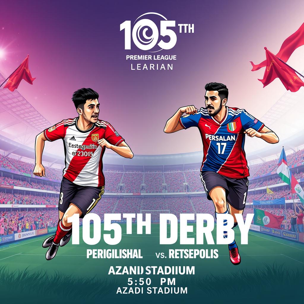 A dynamic poster for the 105th Derby of the Iranian Premier League between Esteghlal and Persepolis, featuring the teams' logos prominently displayed