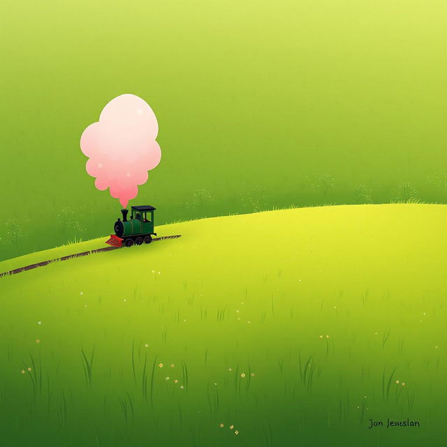 A magical little train emitting fluffy pink steam chugs along an endless green meadow