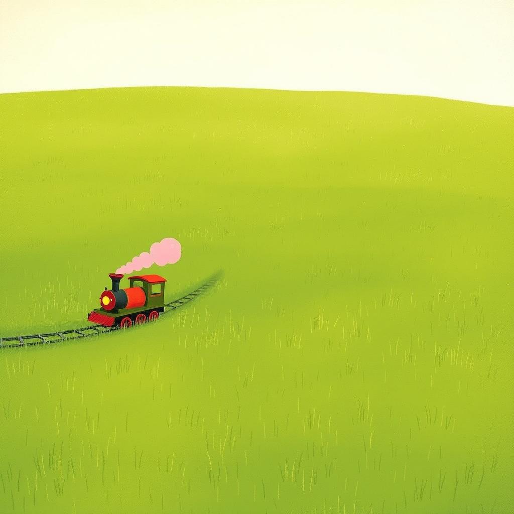 A magical little train emitting fluffy pink steam chugs along an endless green meadow