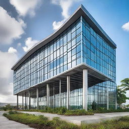 Create an image of the outside of the modern and sleek Guyana Marketing Corporation Processing & Packaging Facility. The structure is large, made of glass and steel, reflecting the surrounding cityscape.