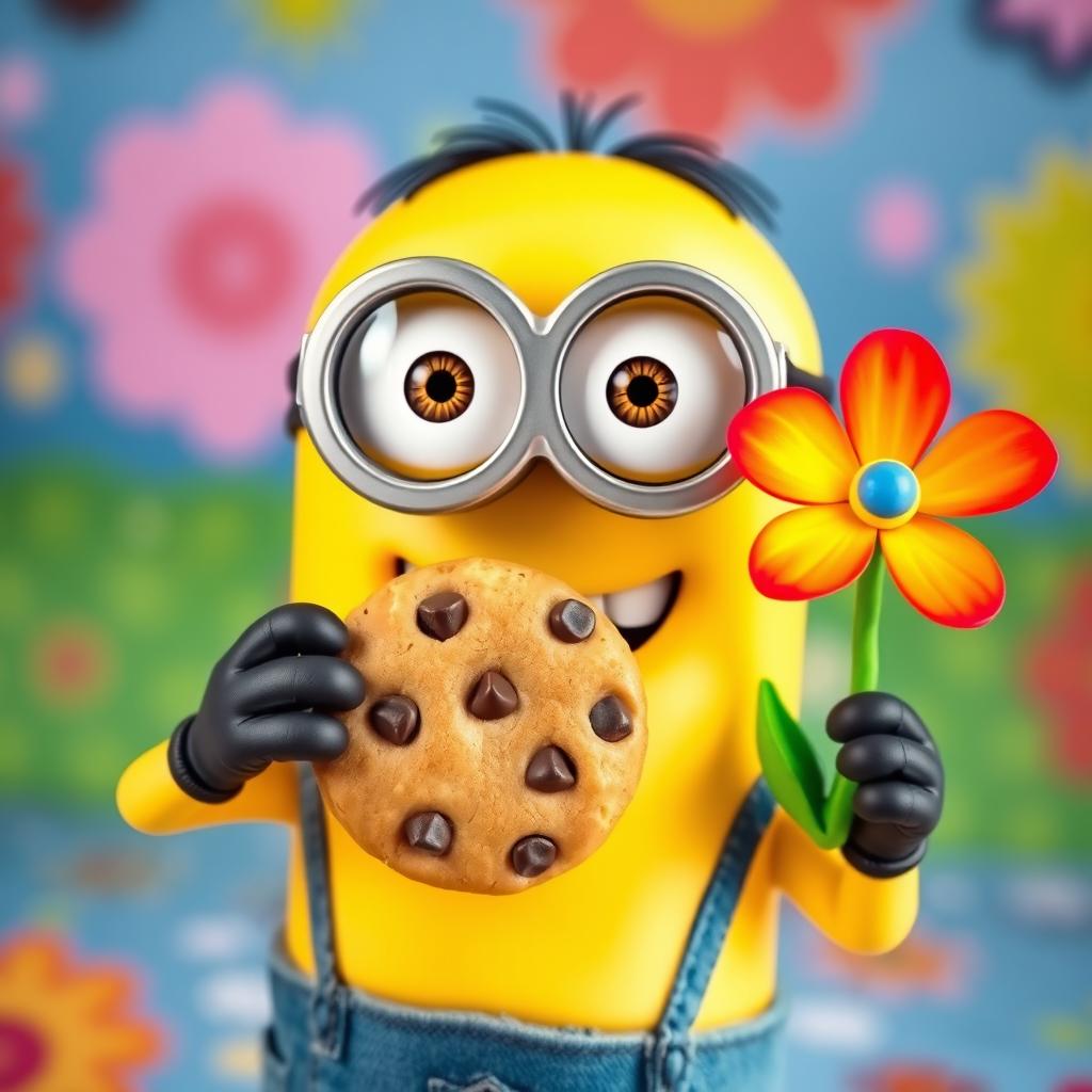 A cheerful Minion character holding a cookie in one hand and a vibrant flower in the other, set against a colorful and playful background