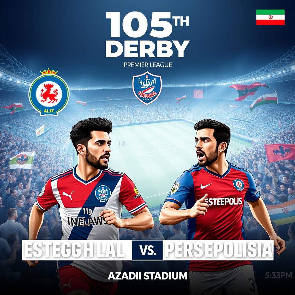A captivating poster for the 105th Derby of the Iranian Premier League between Esteghlal and Persepolis, featuring their logos prominently