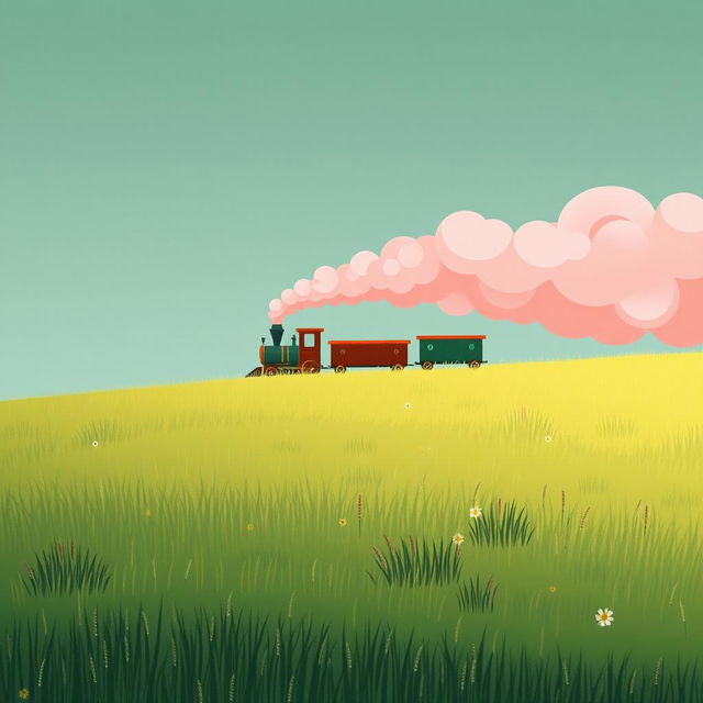 A magical train emitting fluffy pink steam travels across an endless green meadow