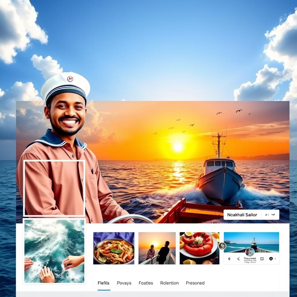 A vibrant and engaging Facebook profile page of a Noakhali sailor featuring a picturesque background of a serene sea with fluffy white clouds and a bright sun