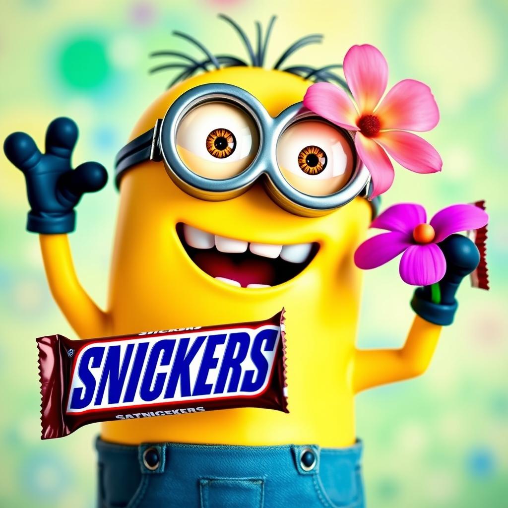 A playful Minion character joyfully holding a Snickers candy bar in one hand and a beautiful flower in the other