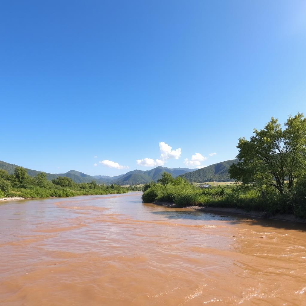 A serene landscape featuring a gently flowing river with light brown water, surrounded by lush green vegetation and trees