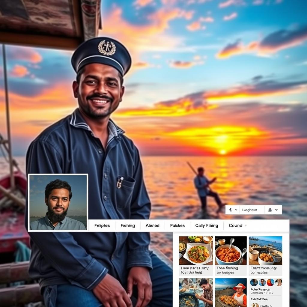A colorful and lively Facebook profile of a Noakhali sailor, featuring a profile picture of the sailor in traditional Bangladeshi attire with a sailor's cap, displaying a warm smile