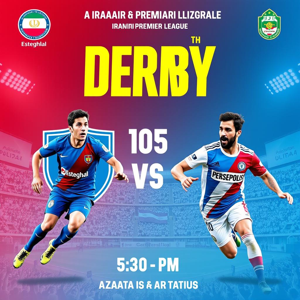 An eye-catching poster for the 105th Derby of the Iranian Premier League between Esteghlal and Persepolis, featuring their logos prominently showcased