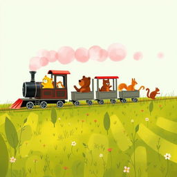 A magical train, puffing fluffy pink steam, consists of several charming carriages filled with adorable animals like a little yellow kitten, a cheerful brown bear, and a playful squirrel