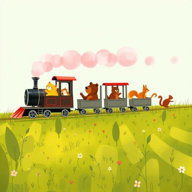 A magical train, puffing fluffy pink steam, consists of several charming carriages filled with adorable animals like a little yellow kitten, a cheerful brown bear, and a playful squirrel