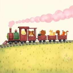 A magical train, puffing fluffy pink steam, consists of several charming carriages filled with adorable animals like a little yellow kitten, a cheerful brown bear, and a playful squirrel