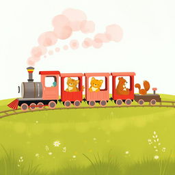 A magical train, puffing fluffy pink steam, consists of several charming carriages filled with adorable animals like a little yellow kitten, a cheerful brown bear, and a playful squirrel