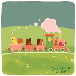 A magical train, puffing fluffy pink steam, consists of several charming carriages filled with adorable animals like a little yellow kitten, a cheerful brown bear, and a playful squirrel