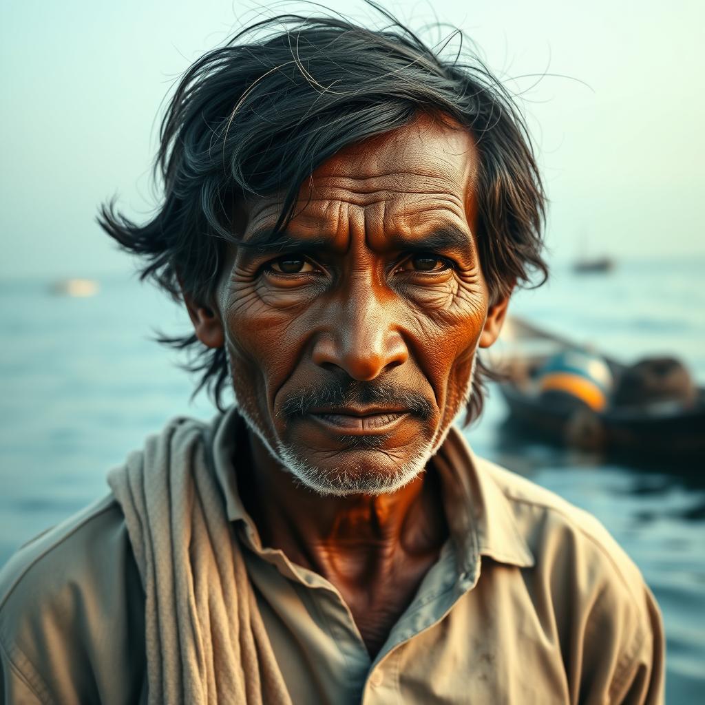 A portrait of a Noakhali sailor, showcasing his rugged features and traditional attire