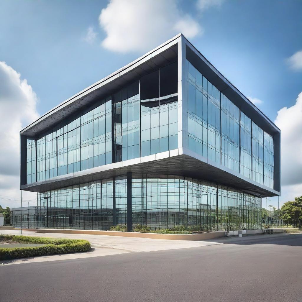 Create an image of the outside of the modern and sleek Guyana Marketing Corporation Processing & Packaging Facility. The structure is large, made of glass and steel, reflecting the surrounding cityscape.