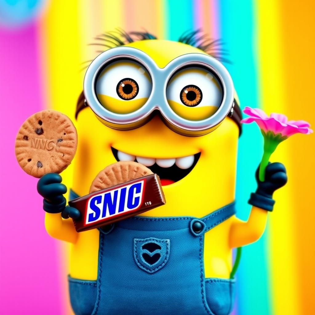 A delightful Minion character joyfully holding a Snickers cookie in its left hand and a beautiful flower in its right hand