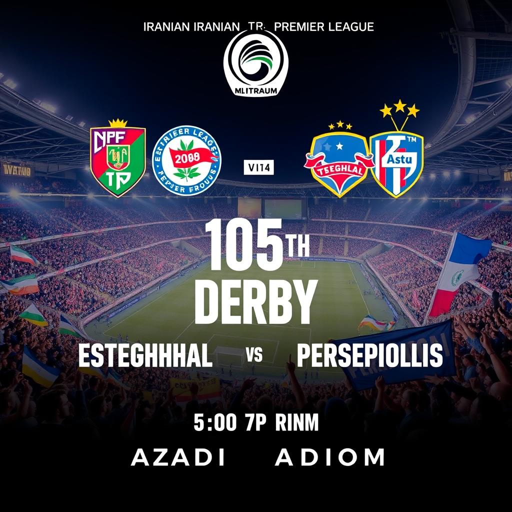 A vibrant poster for the 105th Derby of the Iranian Premier League between Esteghlal and Persepolis, scheduled to take place at Azadi Stadium at 5:30 PM