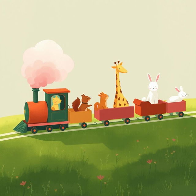 A magical train puffing fluffy pink steam features several charming carriages filled with delightful animals, including a little yellow kitten, a playful squirrel, a tall giraffe, and a cute white rabbit
