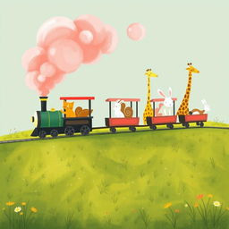 A magical train puffing fluffy pink steam features several charming carriages filled with delightful animals, including a little yellow kitten, a playful squirrel, a tall giraffe, and a cute white rabbit