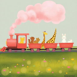 A magical train puffing fluffy pink steam features several charming carriages filled with delightful animals, including a little yellow kitten, a playful squirrel, a tall giraffe, and a cute white rabbit