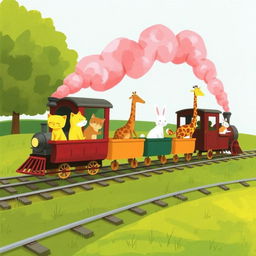 A magical train puffing fluffy pink steam features several charming carriages filled with delightful animals, including a little yellow kitten, a playful squirrel, a tall giraffe, and a cute white rabbit