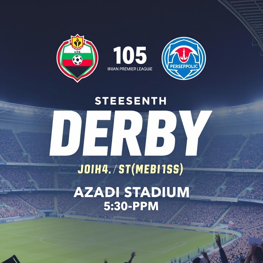 A stunning poster for the 105th Derby of the Iranian Premier League between Esteghlal and Persepolis, highlighting that the match will be held at Azadi Stadium at 5:30 PM
