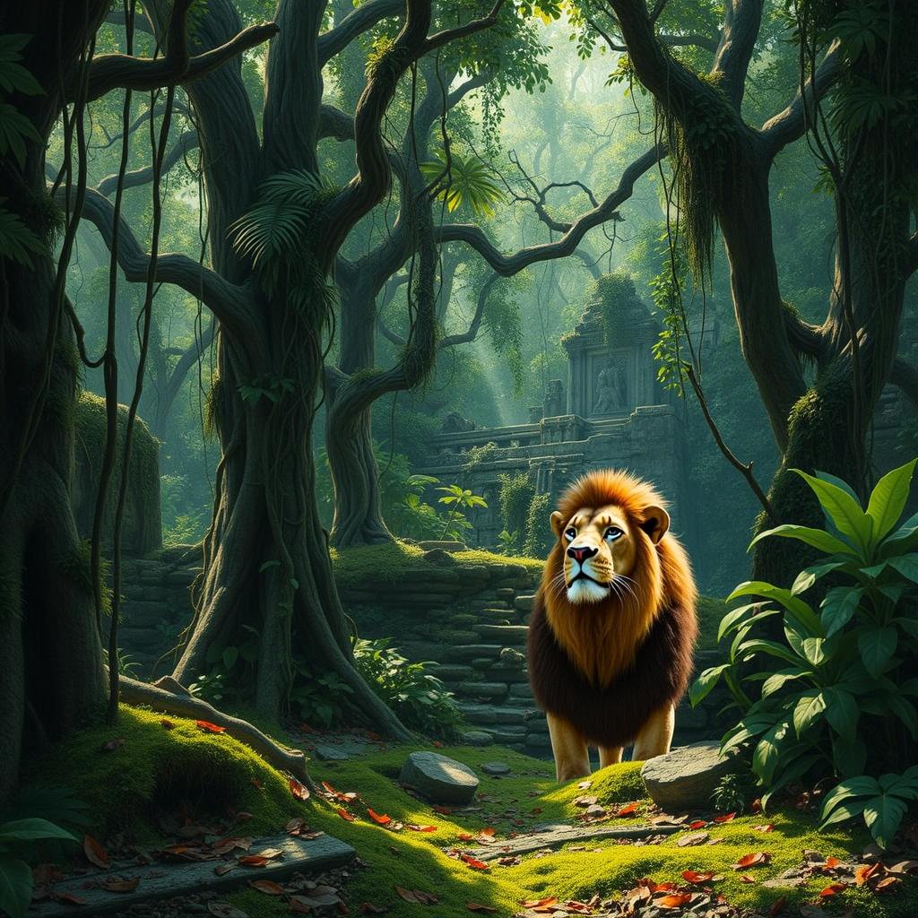 A mystical jungle environment with ancient temple ruins, surrounded by thick, twisting trees and vibrant green foliage