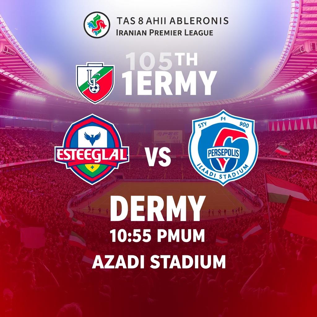 A visually striking poster for the 105th Derby of the Iranian Premier League between Esteghlal and Persepolis, indicating that the match will be held at Azadi Stadium at 5:30 PM