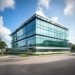 Create an image of the outside of the modern and sleek Guyana Marketing Corporation Processing & Packaging Facility. The structure is large, made of glass and steel, reflecting the surrounding cityscape.