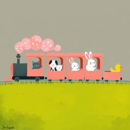 A magical train releasing fluffy pink steam features several closed carriages filled with adorable animals, including a little gray kitten, a spotted puppy, a cute white rabbit, and a cheerful yellow duck