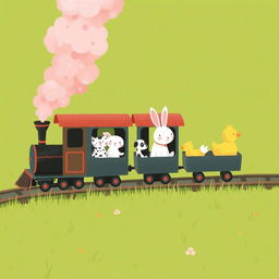 A magical train releasing fluffy pink steam features several closed carriages filled with adorable animals, including a little gray kitten, a spotted puppy, a cute white rabbit, and a cheerful yellow duck