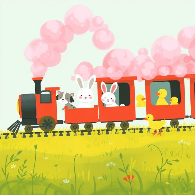 A magical train releasing fluffy pink steam features several closed carriages filled with adorable animals, including a little gray kitten, a spotted puppy, a cute white rabbit, and a cheerful yellow duck