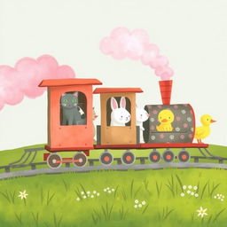 A magical train releasing fluffy pink steam features several closed carriages filled with adorable animals, including a little gray kitten, a spotted puppy, a cute white rabbit, and a cheerful yellow duck