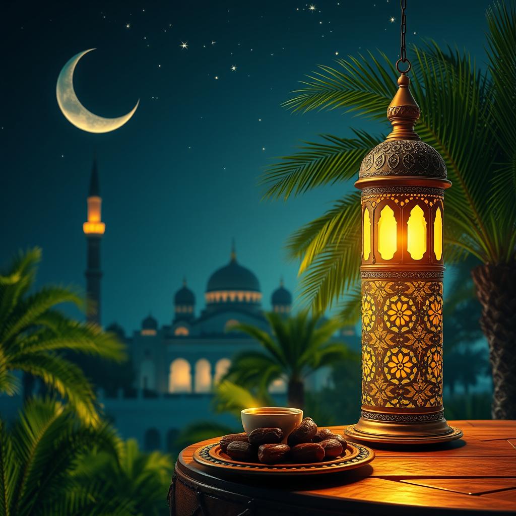 A beautiful and serene Ramadan scene, featuring a crescent moon in the night sky and stars twinkling brightly