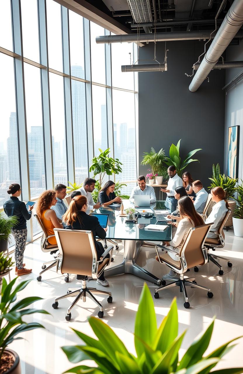 A sleek, modern office interior showcasing a bustling business environment