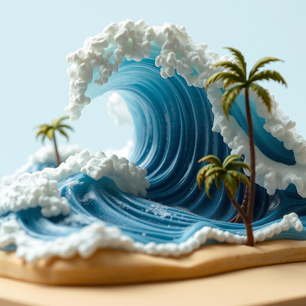 A beautifully crafted handmade model of a tsunami, showcasing intricate details of ocean waves crashing, with a blend of blues and whites to depict the water's movement