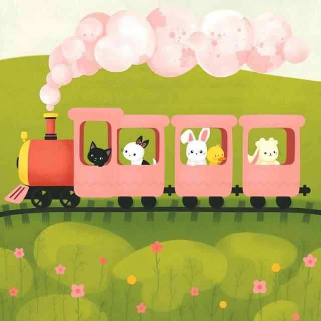 A magical train emitting fluffy pink steam has several closed carriages filled with delightful animals, including a little yellow kitten, a small black dog, a cute white rabbit, and a cheerful yellow duck