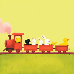 A magical train emitting fluffy pink steam has several closed carriages filled with delightful animals, including a little yellow kitten, a small black dog, a cute white rabbit, and a cheerful yellow duck
