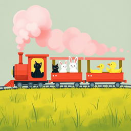 A magical train emitting fluffy pink steam has several closed carriages filled with delightful animals, including a little yellow kitten, a small black dog, a cute white rabbit, and a cheerful yellow duck